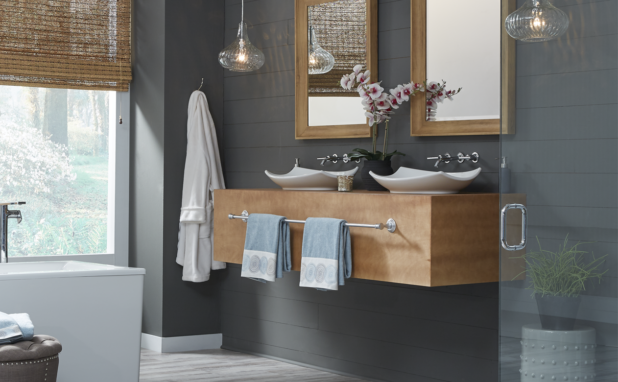  modern bathroom with gray waterproof flooring and soaker tub